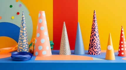 Obraz premium Party hats, streamers, and noise makers on a colorful table setting