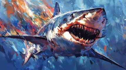 A powerful great white shark painted in vibrant colors, swimming through the ocean.