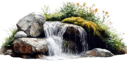 water flowing from the waterfall on white background