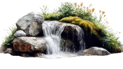 water flowing from the waterfall on white background