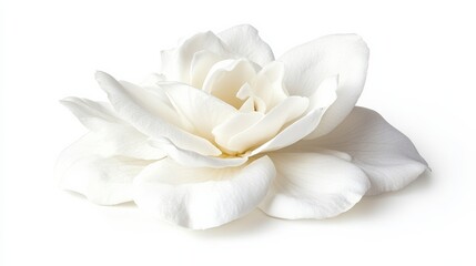 A detailed shot of a soft white gardenia with its glossy, layered petals and pure color, isolated white background