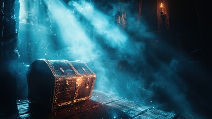 Treasure chest in a dark, smoky room lit by a beam of light.