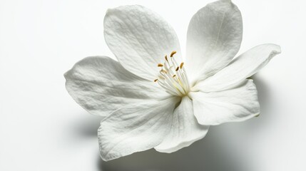Fototapeta premium A detailed shot of a soft white jasmine flower with delicate petals and a gentle fragrance, isolated white background, minimalistic art style