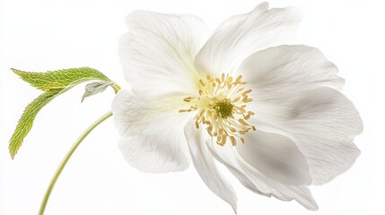 Fototapeta premium A detailed shot of a soft white hellebore with its delicate, outward-facing petals and subtle color, isolated white background