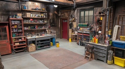 Workshop filled with tools and equipment for projects.