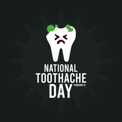 National Toothache Day. February 9. Broken and dirty teeth eaten by germs. Black background. Poster, banner, card, background. Flat design vector.