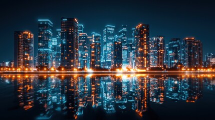 Futuristic city skyline at night, reflected in water.