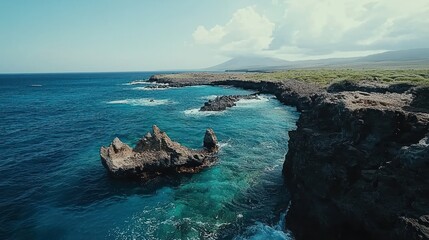Coastal cliffs, turquoise ocean, volcanic rock formations under a sunny sky.
