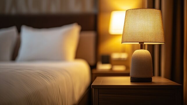 Table-top view of beside table or nightstand on blurred cozy night ambiance at hotel room with bokeh background. Empty wooden table for product display and customization