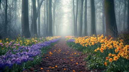Misty forest path lined with colorful spring flowers.