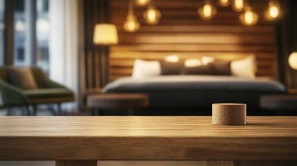 Table-top view of beside table or nightstand on blurred cozy night ambiance at hotel room with bokeh background. Empty wooden table for product display and customization