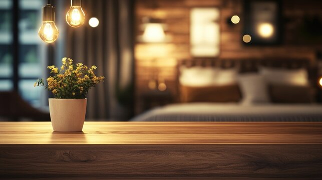 Table-top view of beside table or nightstand on blurred cozy night ambiance at hotel room with bokeh background. Empty wooden table for product display and customization