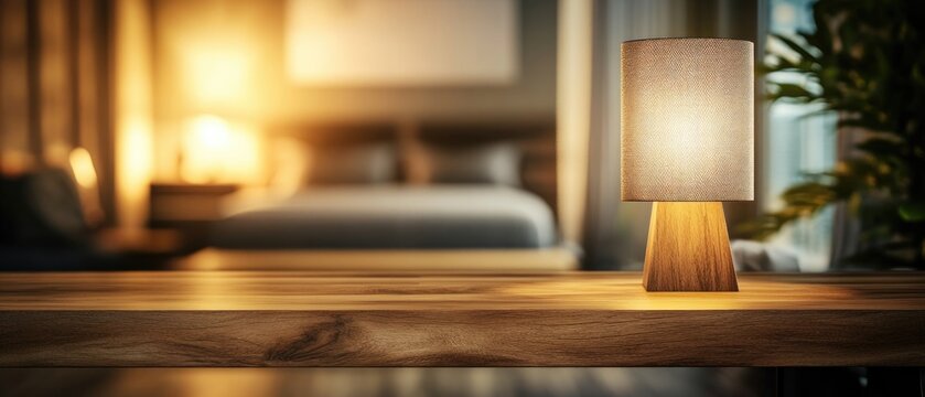 Table-top view of beside table or nightstand on blurred cozy night ambiance at hotel room with bokeh background. Empty wooden table for product display and customization