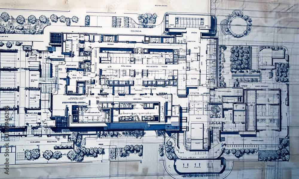 Poster architectural blueprint of a building layout with detailed floor plan.