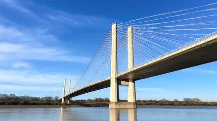 Fototapeta premium A photo of a bridge taken from a low angle with a blue sky in the background. represents civil engineering