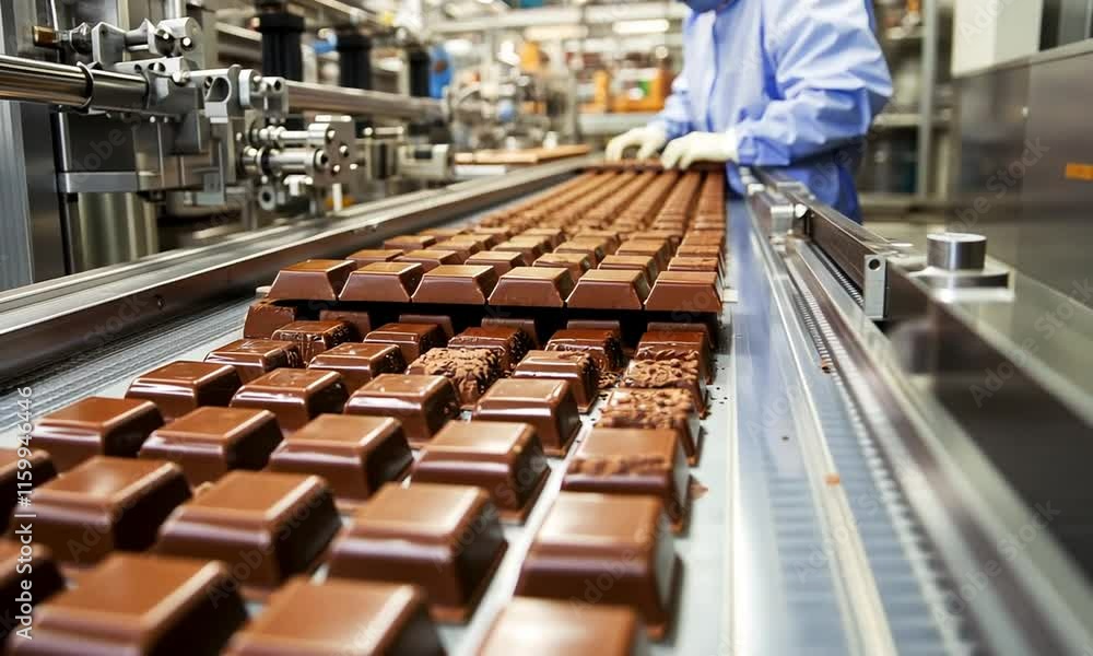 Poster chocolate bars on a production line in a factory setting.