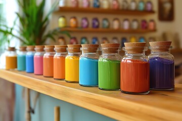 Bright colors of eco-friendly Holi celebrations displayed in glass jars for sustainable family enjoyment