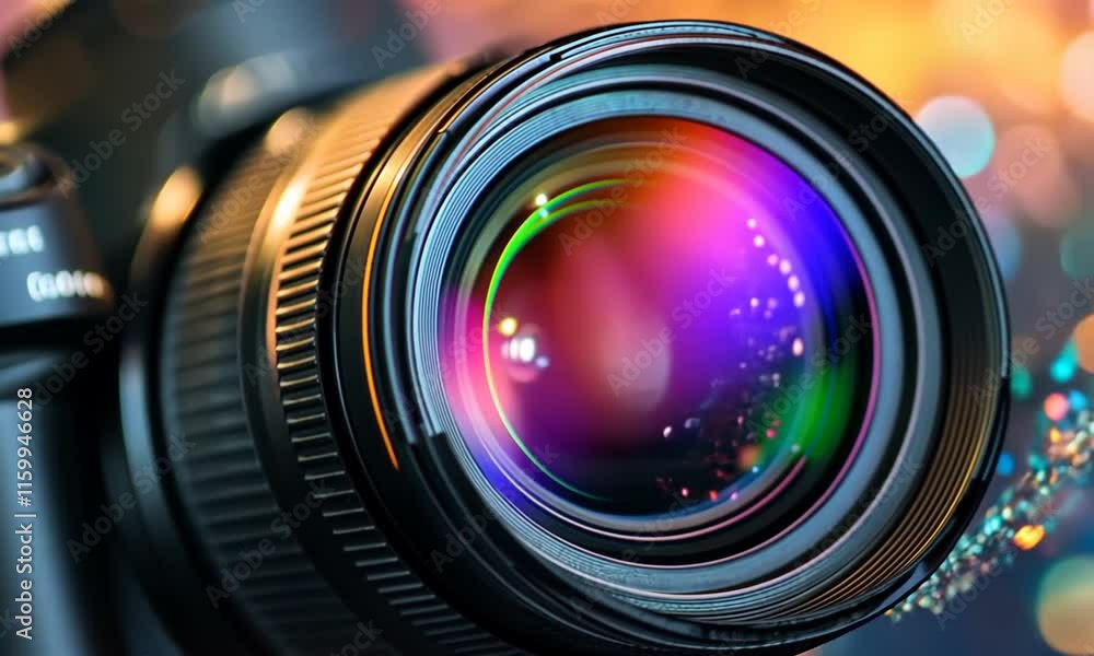 Poster close-up of a camera lens showcasing colorful reflections and bokeh effects.