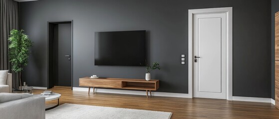 living room with bathroom and plaster dark gray walls and wooden floor, empty room with tv cabinet , white door with carpet interior design concept , 3d illustration