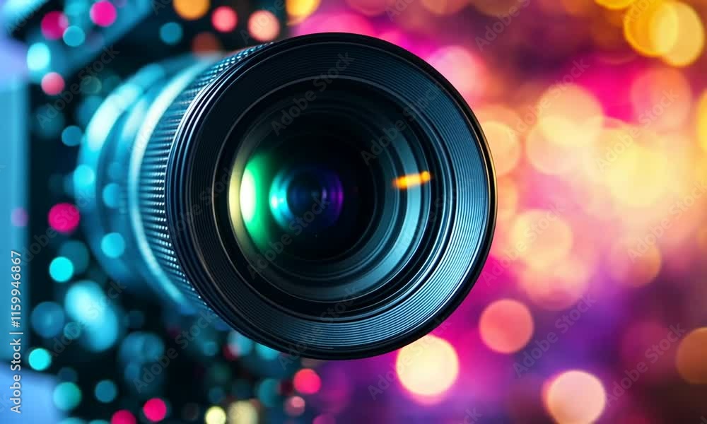Poster close-up of a camera lens with vibrant bokeh background.