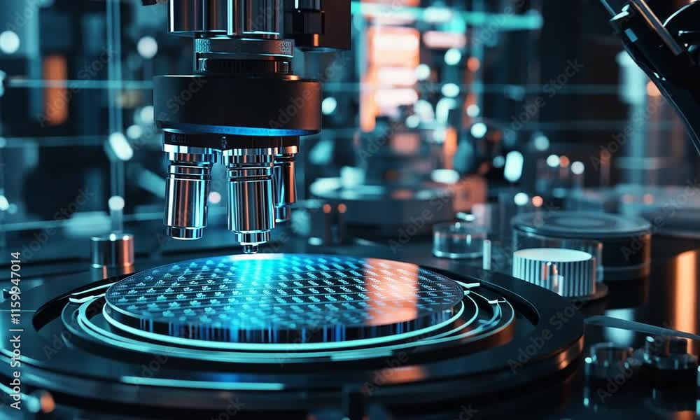 Poster close-up of a high-tech microscope examining a semiconductor wafer.