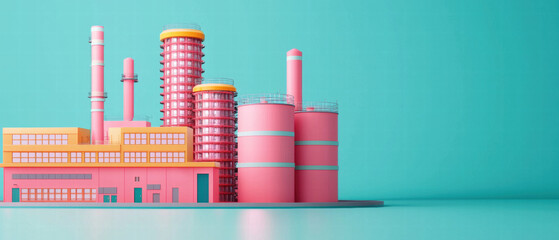 Supply chain management logistics technology. Colorful industrial building against a turquoise background, featuring cylindrical and rectangular shapes.