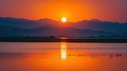 Obraz premium Serene Mountain Lake. Tranquil evening glow over a mountain lake