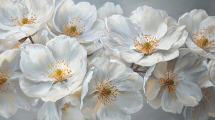 Obraz premium Close-up of delicate white blossoms, soft light, detailed petals and stamens.