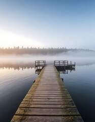 Naklejka premium Wooden dock extends into misty lake tranquil scene