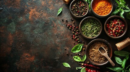 Rustic herbs and spices on a dark background