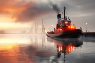 Fototapeta premium A 3D-rendered view of IJmuiden locks, with a detailed cargo ship and realistic water reflections creating a dynamic scene