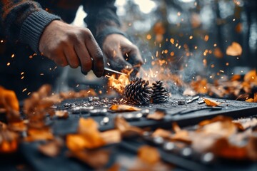 A blacksmith igniting the forge, with flames roaring to life and casting warm light on metal tools