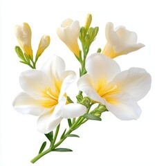 Fototapeta premium White freesia flowers with yellow centers isolated on white background.