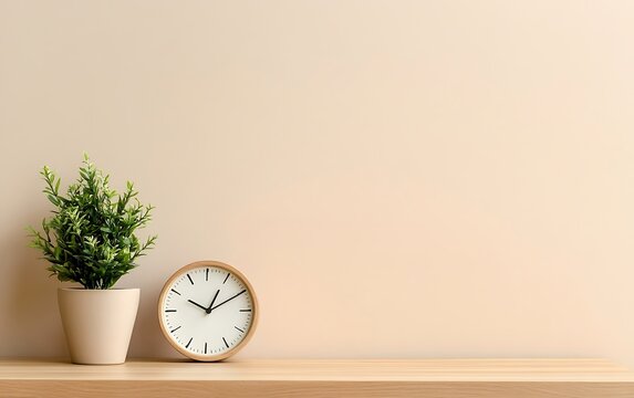 Wooden table set with clock and potted plant, beige wall as backdrop, minimalistic product presentation in high-quality photography