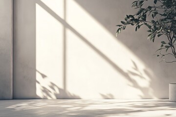 Sunlit minimalist room interior with plant and shadow.