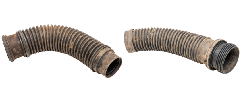 Two dirty corrugated hoses isolated with transparent background