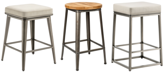 Three metal bar stools with different seats isolated with transparent background