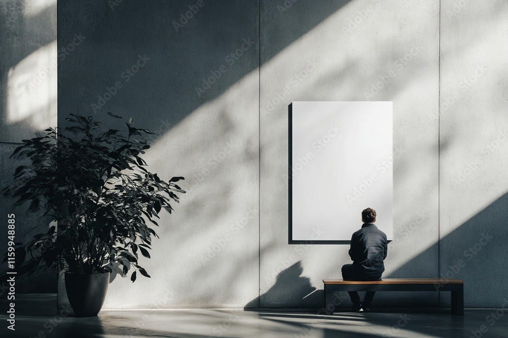 Poster man sitting on bench facing blank canvas in modern gallery.