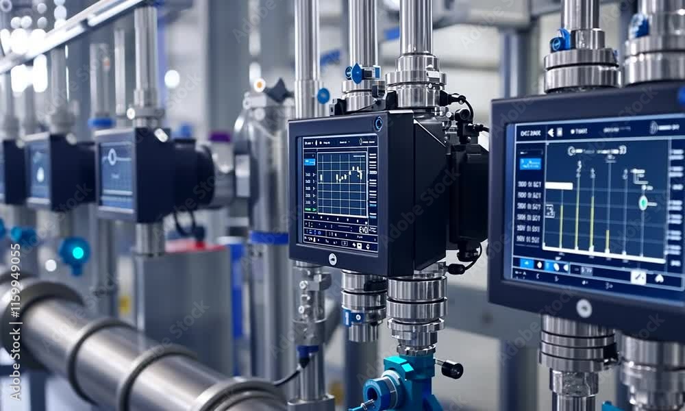 Aufkleber control panels displaying industrial data in a processing facility.