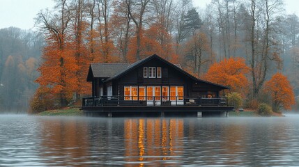 Lakeside cabin glowing warmly at autumn.