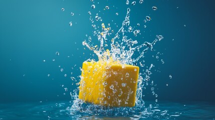 Dynamic splash of water with a lemon cube