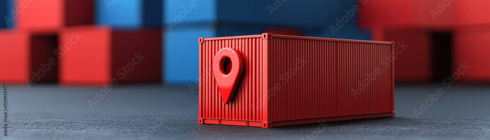 Poster supply chain management logistics technology. red shipping container with a prominent number on a te