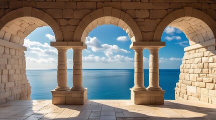 Fototapeta premium Stunning Ocean View Through Historic Stone Arches – Mediterranean Architecture, Scenic Coastal Landscape, Ancient Ruins, Seaside Serenity, Historic Travel Destinations, Timeless Beauty by the Sea