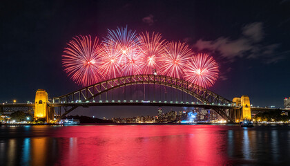 Fototapeta premium Spectacular Night Time Fireworks Display Over Sydney Harbour Bridge with Reflections