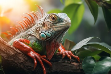 Fototapeta premium A colorful iguana with striking red and green scales resting on a tree under dappled sunlight