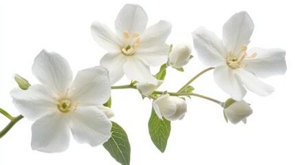 A detailed shot of delicate white cherry blossoms with their graceful petals, isolated white background, minimalistic art style