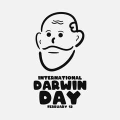 International Darwin Day. February 12. Hand drawn old man face outline. Gray background. Poster, banner, card, background.