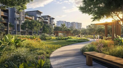 Obraz premium Innovative mixed-use development, terraced design with public green spaces, modern urban living, pedestrian-friendly pathways