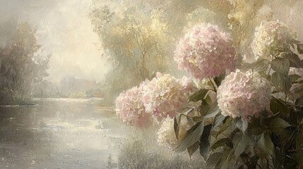 Pastel pink hydrangeas by tranquil lake.