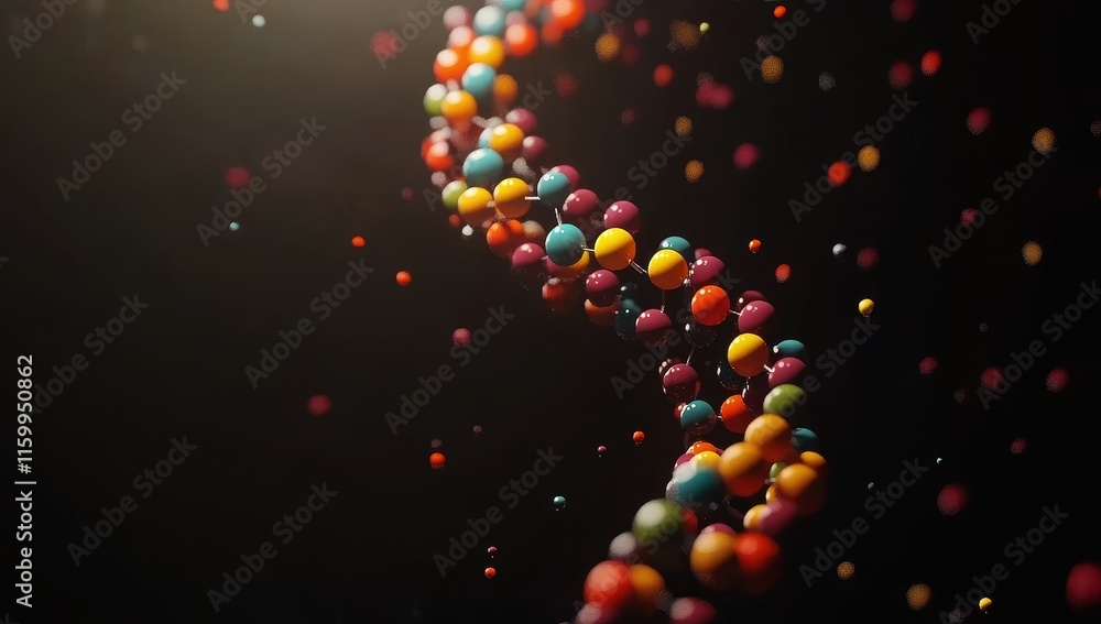 Poster colorful dna double helix structure with particles floating in dark background.